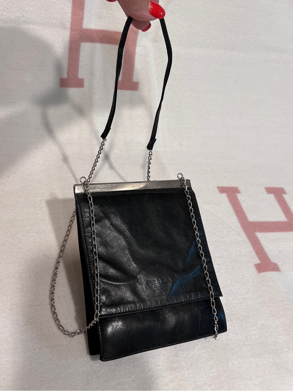 PRADA⭐️RARE VINTAGE Black Leather Chain-Strap Shoulder Bag! - Picture 2 of 14